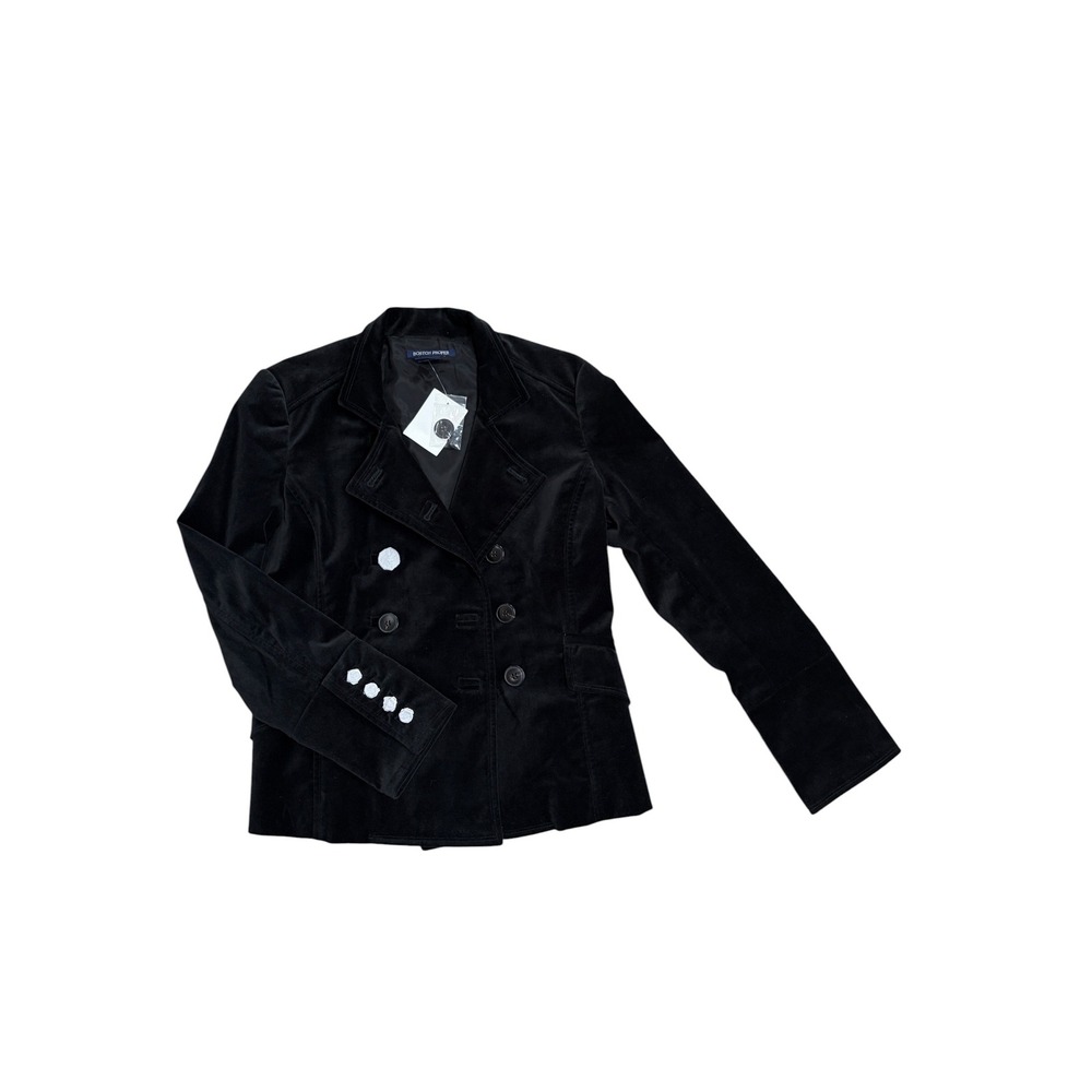 Boston Proper Womens Black Velvet Double Breasted Blazer Jacket Military Size 6